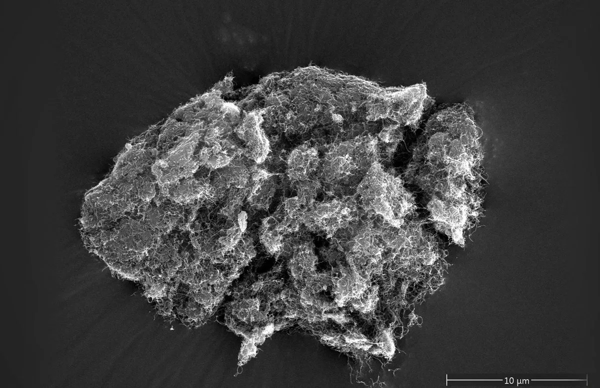 Rasterelektronenmikroskopische Aufnahme eines mit Kohlenstoffnanoröhren beschichteten Aluminiumpartikels
